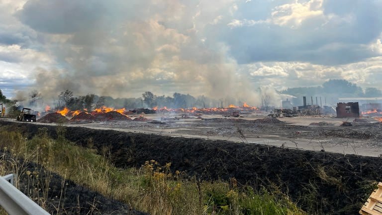Flammen lodern aus Brandnestern in einem Sägewerk in Mothern in Elsass (Foto: SWR, SWR)