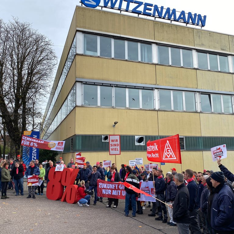 Streikende mit Bannern und Fahnen vor dem Witzenmann-Gebäude in Pforzheim (Foto: SWR, Peter Lauber)
