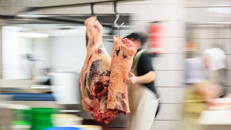 Ein Arbeiter schiebt Fleischstücke durch einen Schlachthof.  (Foto: picture-alliance / Reportdienste, picture alliance/dpa | Robert Michael)