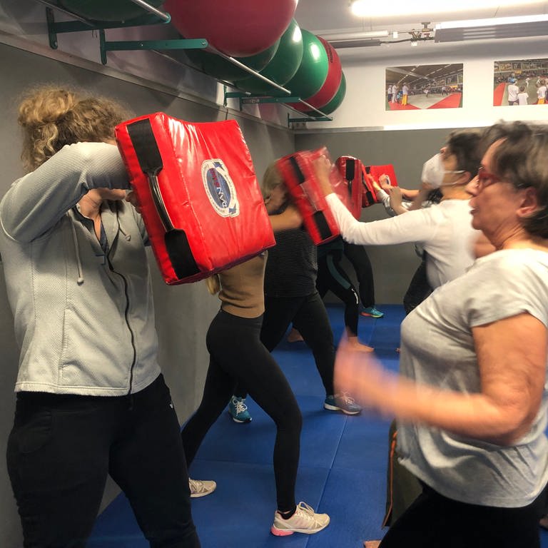 Frauen trainieren Schlagtechniken beim Selbstverteidigungskurs beim PSV Karlsruhe (Foto: SWR, Christina Kist)