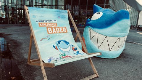 Ein Klappstuhl mit einem Hai und der Aufschrift "Entdecke die Vielfalt der Karlsruher Bäder" (Foto: SWR)