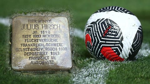 Collage aus Stolperstein von Julius Hirsch aus Karlsruhe und einem Fußball auf einem Spielfeld (Foto: IMAGO, SWR, IMAGO / ANE Edition (Collage Rebekka Plies))