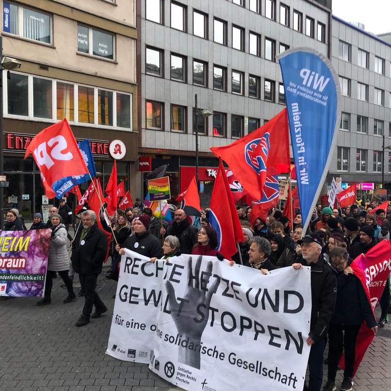 Demo gegen den Aufmarsch von Neonazis am Pforzheimer Gedenktag im Jahr 2023 (Foto: SWR)