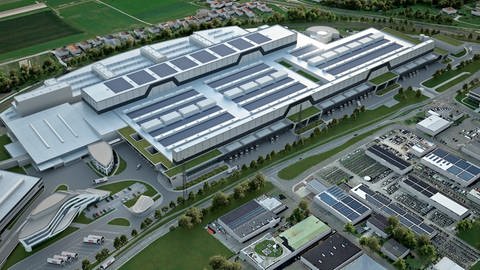 Bildmontage, wie die neue Motorenfabrik von SEW in Graben-Neudorf einmal aussehen soll. Das Unternehmen investiert 350 Millionen Euro in ein neues Montage- und Logistikzentrum. (Foto: Pressestelle, SEW Bildmontage)