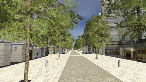 Eine Simulation der Neugestaltung der Kaiserstraße in Karlsruhe, mit Zürgelbäumen und ohne Schienen. (Foto: Pressestelle, Mettler Landschaftsarchitektur)