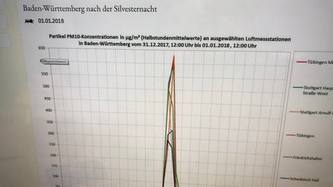 Der Feinstaub-Peak zu Silvester auf einem Monitor der LUBW in Karlsruhe (Foto: SWR)
