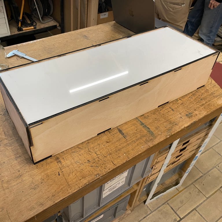 Ein selbstgebauter Lichtkasten auf einer Werkbank (Foto: SWR)