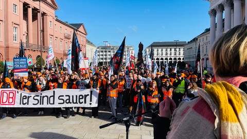 In Karlsruhe auf dem Markplatz stehen Streikende in Warnwesten bei einer Kundgebung. (Foto: SWR)