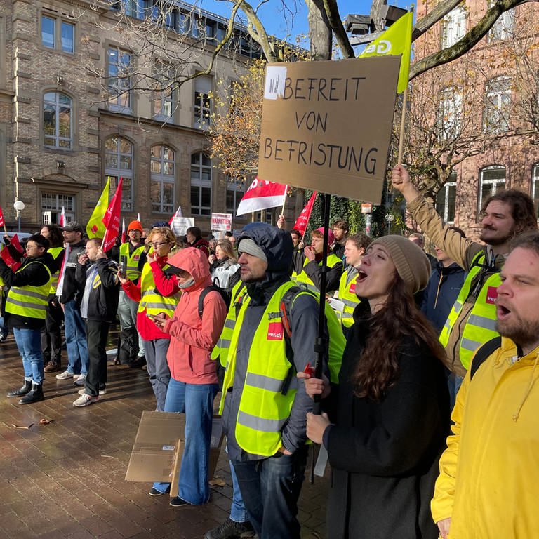 Beschäftigte mehrerer Hochschulen in Karlsruhe und Pforzheim haben am Montag am KIT demonstriert.