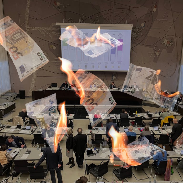 Brennende Geldscheine im Gemeinderat (Foto: IMAGO, SWR, IMAGO / Zoonar (Collage Rebekka Plies))
