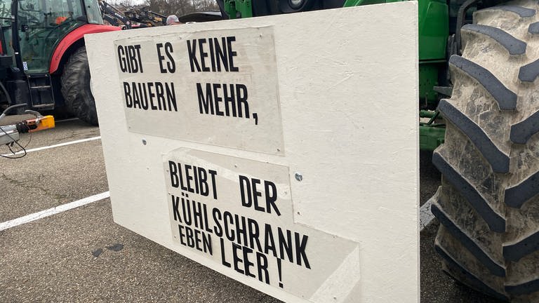 Bei der Demo von Landwirten in Pforzheim ist auf einem Schild zu lesen: "Gibt es keine Bauern mehr, bleibt der Kühlschrank eben leer!" (Foto: SWR, Peter Lauber)