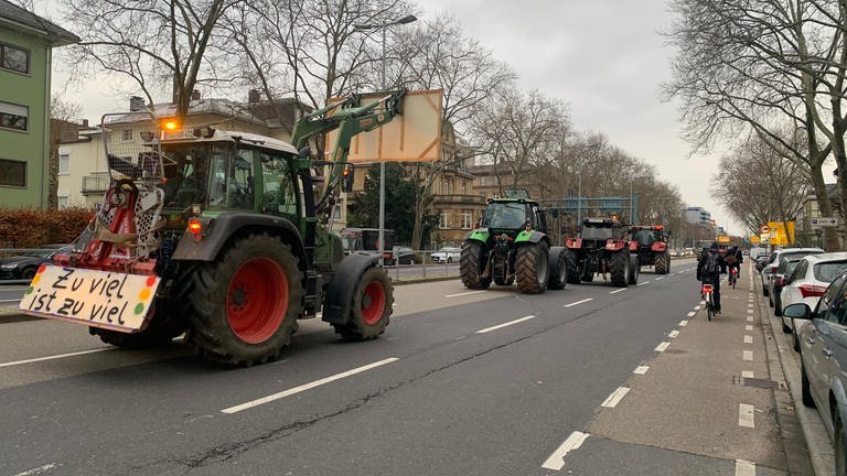 Bauern protestieren mit ihren Traktoren auf der Kriegsstraße in Karlsruhe. (Foto: SWR)