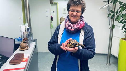 Die Besitzerin von Matty freut sich, dass sie wieder mit ihrer Schildkröte schmusen kann (Foto: SWR)