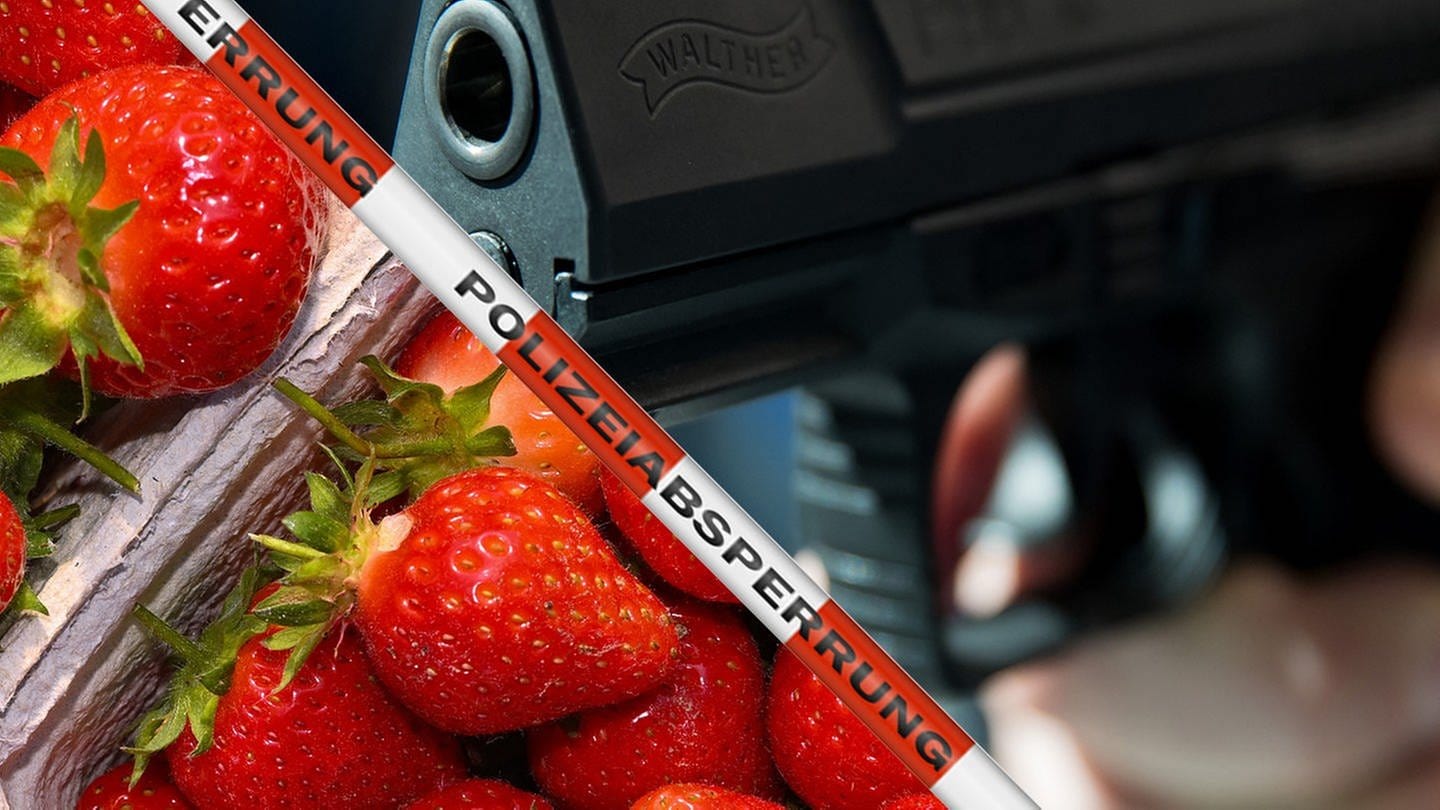 Eine Schale mit Erdbeeren. Eine Pistole. Im Kreis Karlsruhe wurde ein Verkaufsstand für Erdbeeren überfallen (Foto: picture-alliance / Reportdienste, Daniel Karmann / dpa / Patrick Pleul)