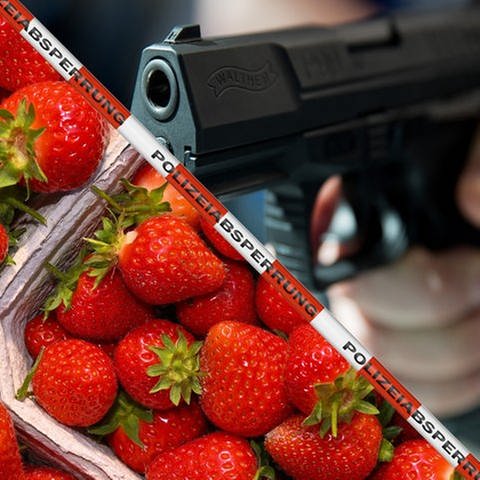 Eine Schale mit Erdbeeren. Eine Pistole. Im Kreis Karlsruhe wurde ein Verkaufsstand für Erdbeeren überfallen