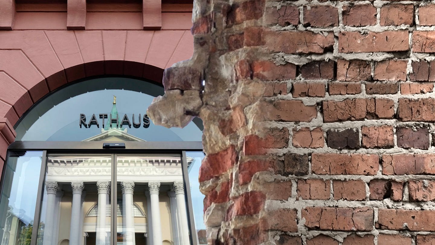 Collage aus zerbrochener Mauer und dem Karlsruher Rathaus (Foto: IMAGO, ingimage / Steinach)