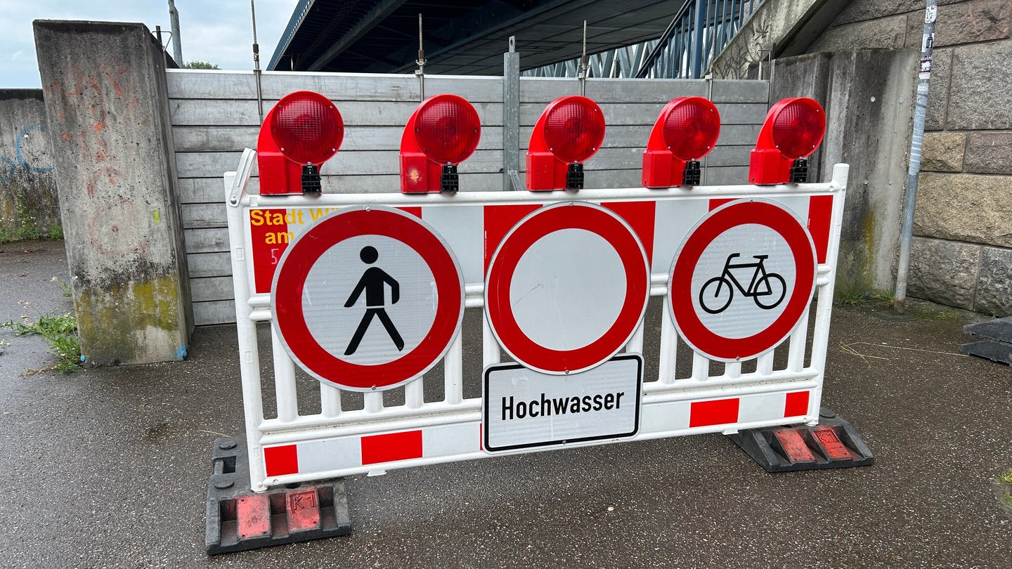 Ein Schild warnt am Rhein vor Hochwasser. (Foto: SWR, Wolfgang Hoerter)
