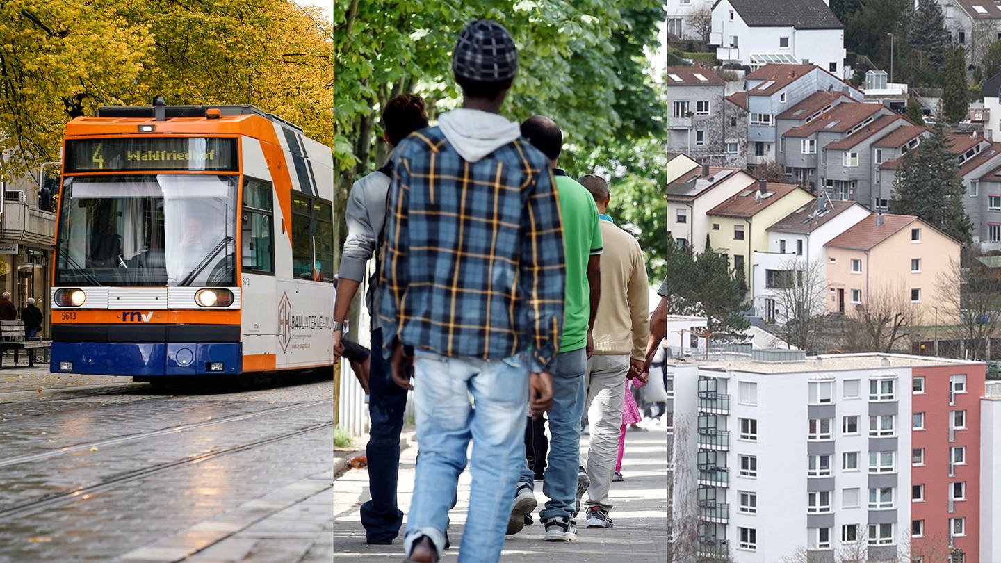 Straßenbahn, Menschen und Wohnhäuser: Collage zu den wichtigsten Themen der Kommunalwahl 2024 in Baden-Württemberg. (Foto: SWR)
