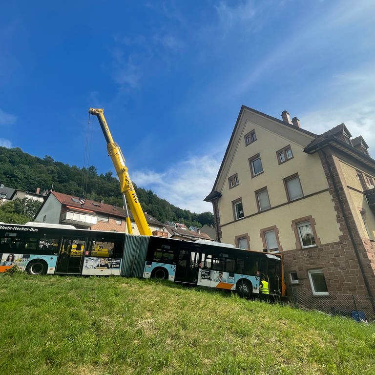 Der Linienbus wird mit einem Kran vor der Hauswand angehoben (Foto: SWR)