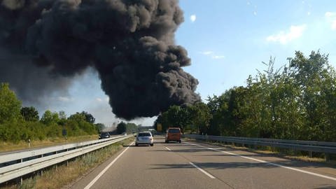 Eine große Rauchwolke ist über der Bundesstraße 39 zu sehen. In einer Recyclingfirma in Hockenheim (Rhein-Neckar-Kreis) ist ein Feuer ausgebrochen. (Foto: dpa Bildfunk, picture alliance/dpa/PR-Video | René Priebe)