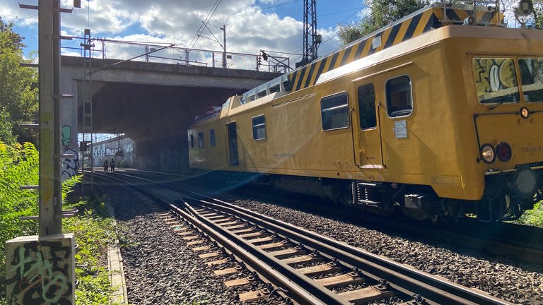 Zug der Deutschen Bahn für Netz-Instandhaltung unter Konrad-Adenauer-Brücke bei Mannheim auf Gleisen (Foto: SWR)