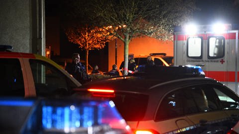 Polizei, Blaulicht und Rotes-Kreuz-Rettungswagen in Hockenheim  (Foto: Marco Priebe, PR-Video)