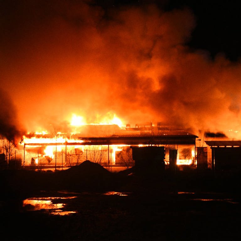Hohe Flammen schlagen aus einer Großbäckerei.  (Foto: dpa Bildfunk, picture alliance/dpa/PR-Video | Rene Priebe)