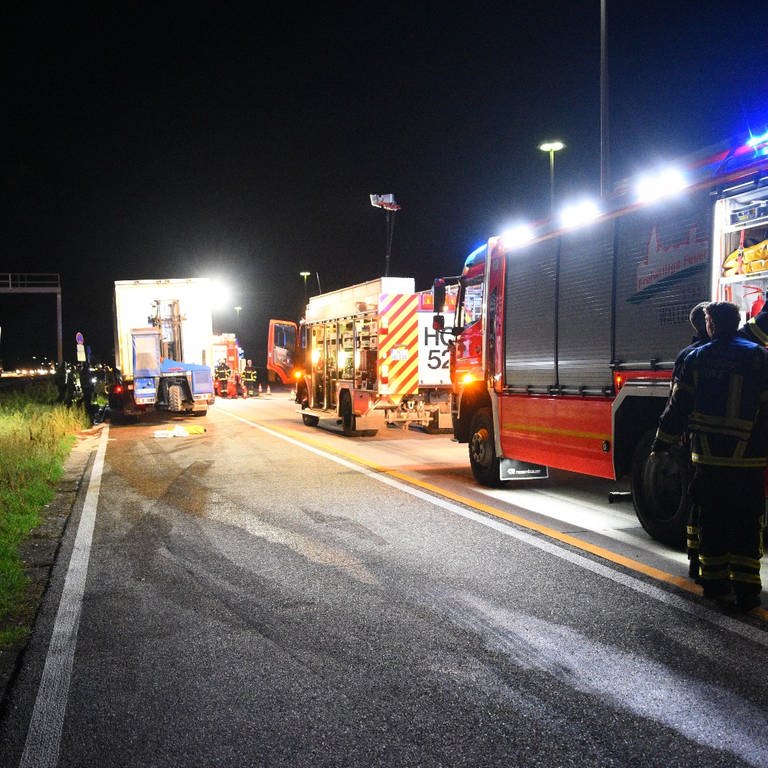 Mehrere Feuerwehrfahrzeuge stehen nebendem Lkw. (Foto: PR-Video / Priebe)