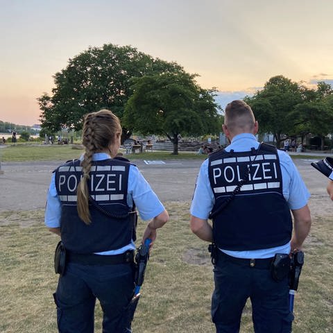 Drei Polizeibeamte laufen über die Neckarwiese (Foto: SWR)