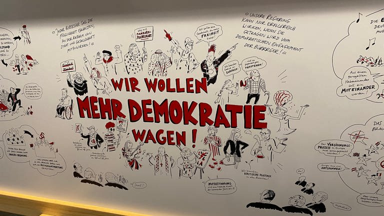 Stellwand mit Aufschrift "Wir wollen mehr Demokratie wagen" von Willy Brandt Ausstellung in Mannheim (Foto: SWR)