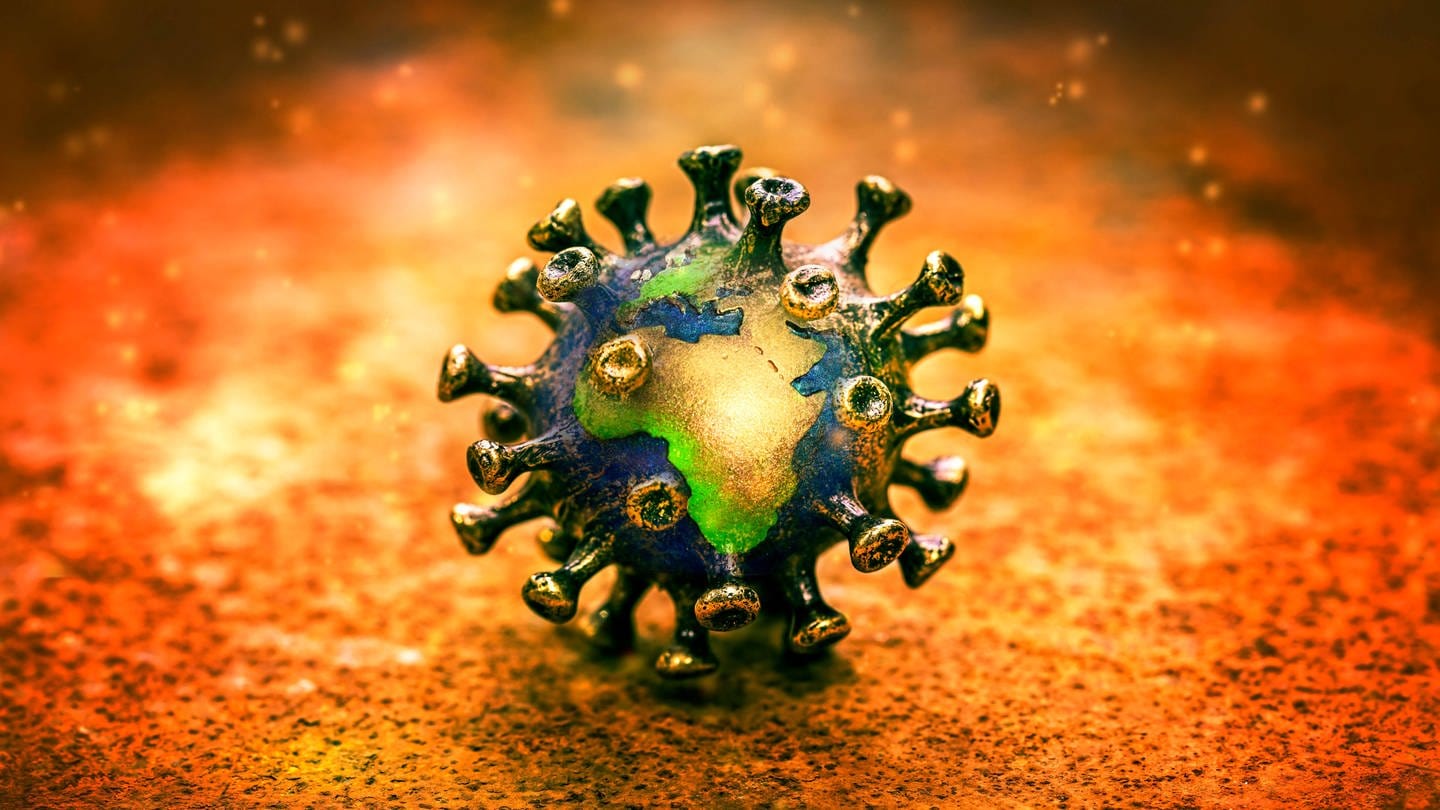 Fotomontage Coronavirus und Weltkugel (Foto: IMAGO, IMAGO / Christian Ohde)
