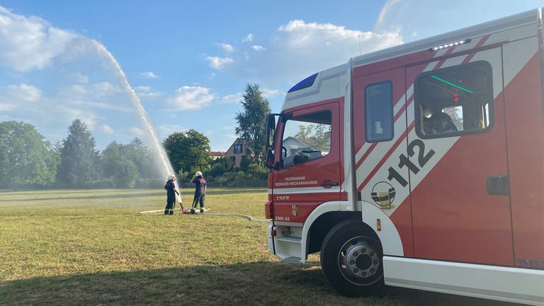 Freiwillige Feuerwehr in Edingen-Neckarhausen (Rhein-Neckar-Kreis) bei einer Übung.