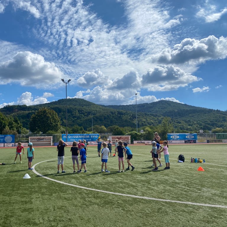Die Kinder toben sich beim Sommerferien-Camp in Dossenheim (Rhein-Neckar-Kreis) ordentlich aus. Auf dem Sportplatz wird zum Beispiel Brennball gespielt.  (Foto: SWR)