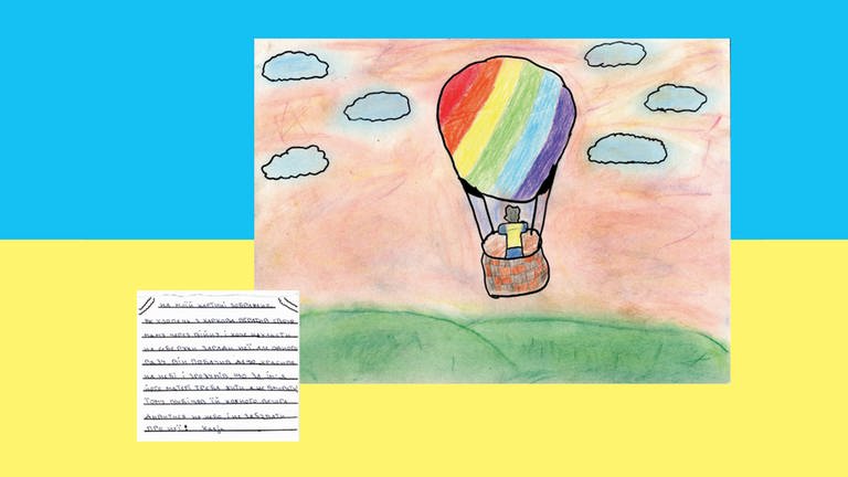 Bild mit Ballon in Regenbogen-Farben eines ukrainischen Kindes in Schule in Mannheim