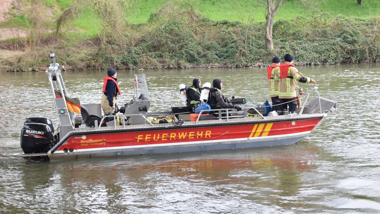 Einsatzkräfte suchen am Samstagvormittag bei den Neckar bei Heielberg-Wieblingen nach einer vermissten Person ab. (Foto: PR-Video)
