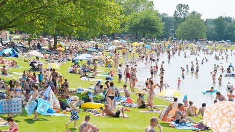 Mneschen sitzen auf Liegewiese oder schwimmen im Waidsee in Weinheim