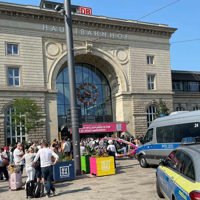 Fahrgäste stehen vor dem gesperrten Mannheimer Hauptbahnhof (Foto: SWR)