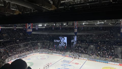 Beim Derby gegen die Löwen Frankfurt gab es in der Mannheimer SAP-Arena eine Schweigeminute für den tödlich verletzten Eishockey-Spieler Adam Johnson (Foto: SWR, Sarah Hennings)