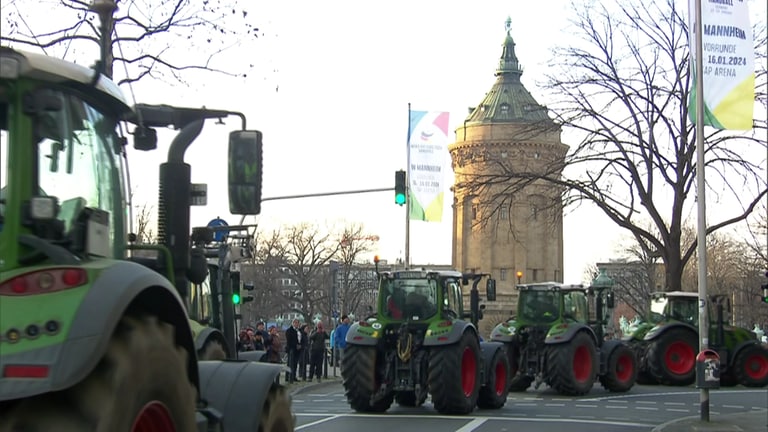 Rund 350 Traktoren sind am Montagnachmittag durch die Mannheimer Innenstadt gefahren.