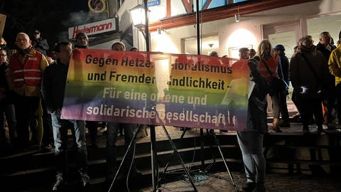 Transparente und Fahnen bei der Demonstration in Mosbach (Foto: SWR)
