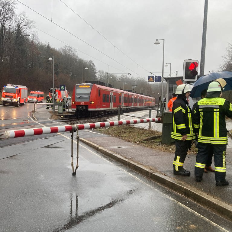 Einsatzkräfte vor Schranke bei Gleisen an Haltestelle in Adelsheim (Foto: SWR)