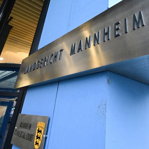 Landgericht Mannheim Eingang mit Schild und Wappen (Foto: dpa Bildfunk, picture alliance/dpa | Bernd Weißbrod)