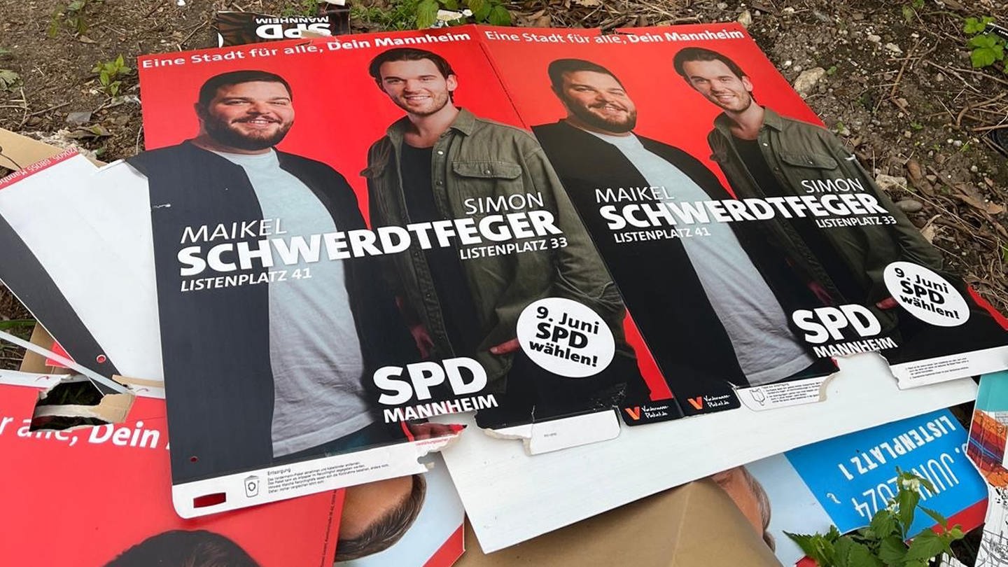 Abgerissene Wahlplakate der SPD Mannheim auf dem Boden (Foto: Kai-Uwe Herrenkind)