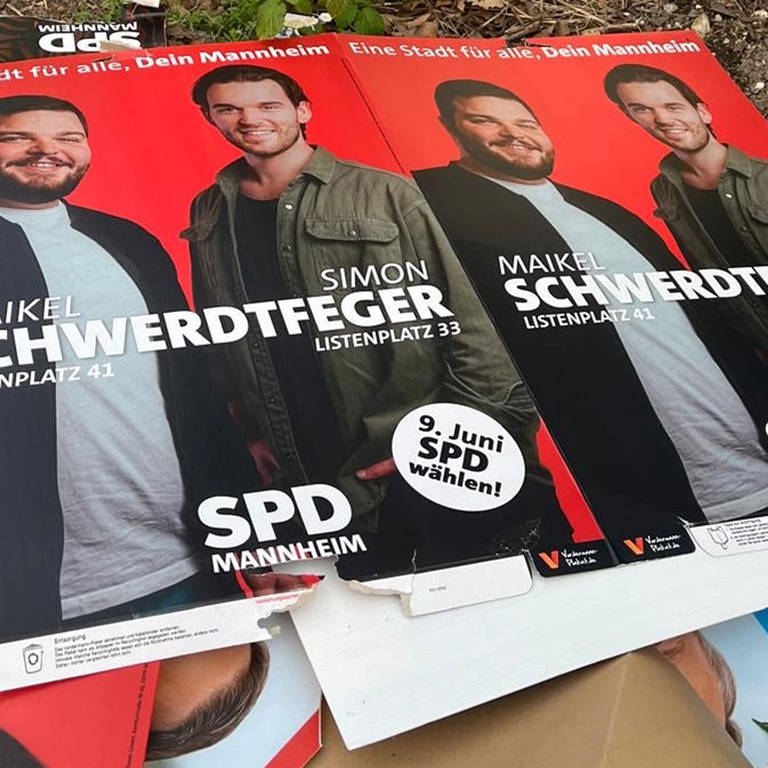 Abgerissene Wahlplakate der SPD Mannheim auf dem Boden