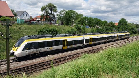 Ein Zug fährt in Bondorf bei Herrenberg (Kreis Böblingen) auf der Gäubahnstrecke in Baden-Württemberg. (Foto: dpa Bildfunk, picture alliance/dpa | Christian Johner)