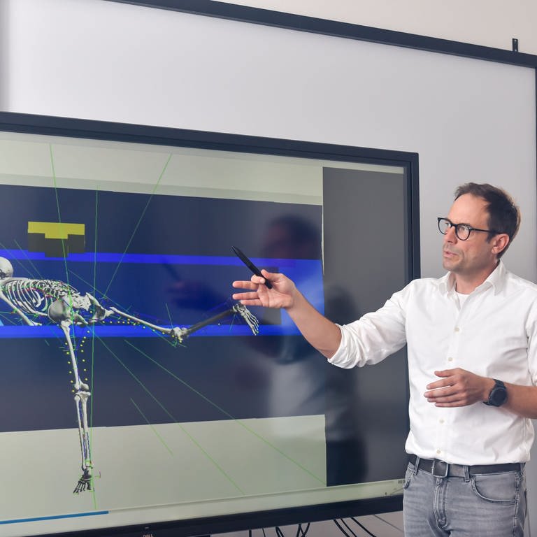 Der Stuttgarter Wissenschaftler Syn Schmitt erklärt, auf welche Weise die biomechanische Simulationsmethode den Vorfall rekonstruieren kann.   (Foto: Universität Stuttgart/Max Kovalenko)