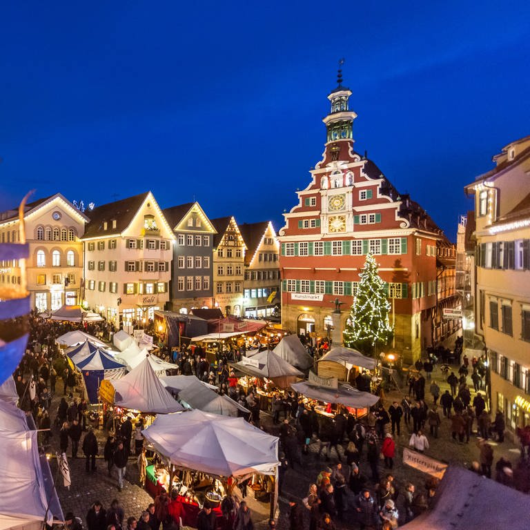 Blick auf den mittelalterlichen Weihnachtsmarkt vor dem Alten Rathaus von Esslingen am Neckar (Foto: Pressestelle, Esslingen Marketing)