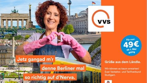 Der Verkehrs- und Tarifverbund Stuttgart (VVS) kontert mit einem eigenen Plakat der frechen Kampagne der Berliner Verkehrsbetriebe (BVG) zur Einführung des 49-Euro-Tickets. (Foto: VVS)