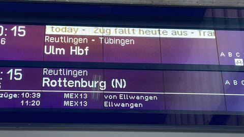 Die Anzeigetafel am Stuttgarter Hauptbahnhof zeigt einen ausgefallenen Zug an. Vor der Reise unbedingt informieren, ob und wie der Zug fährt! Das geht am Besten über bahn.deReiseauskunft oder die Navigator App. (Foto: SWR, Simone Steffan)