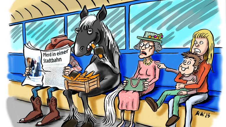 Auf einer Zeichnung sitzt ein Pferd in einer Straßenbahn und isst Karotten. Die anderen Fahrgäste sind überrascht. (Foto: Michi)